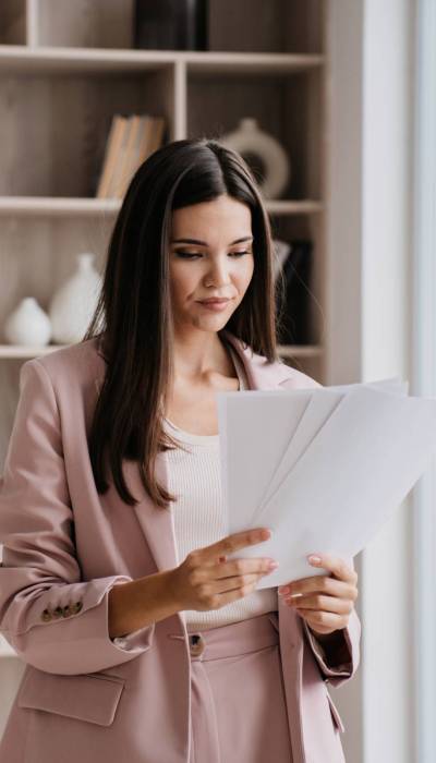 Brunette Asian businesswoman in suit holds sheet of papers looks at documents stands at window against bookshelves. Successful lawyer explores issue at office. Financial bill.